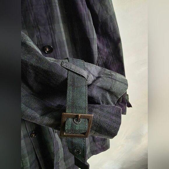 Zara Waxed Blue Green High Neck Belted Plaid Trench Coat British Millerain Sz M - Picture 5 of 16